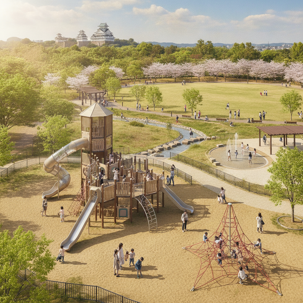 姫路市内で、大型遊具があり子連れでも一日中楽しめる広々とした公園はどこですか？